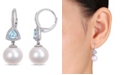 Macy's Freshwater Cultured Pearl (11-12mm), Blue Topaz (1 ct. t.w.) and Diamond (1/4 ct. t.w.) Triangle Drop Earrings in 10k White Gold